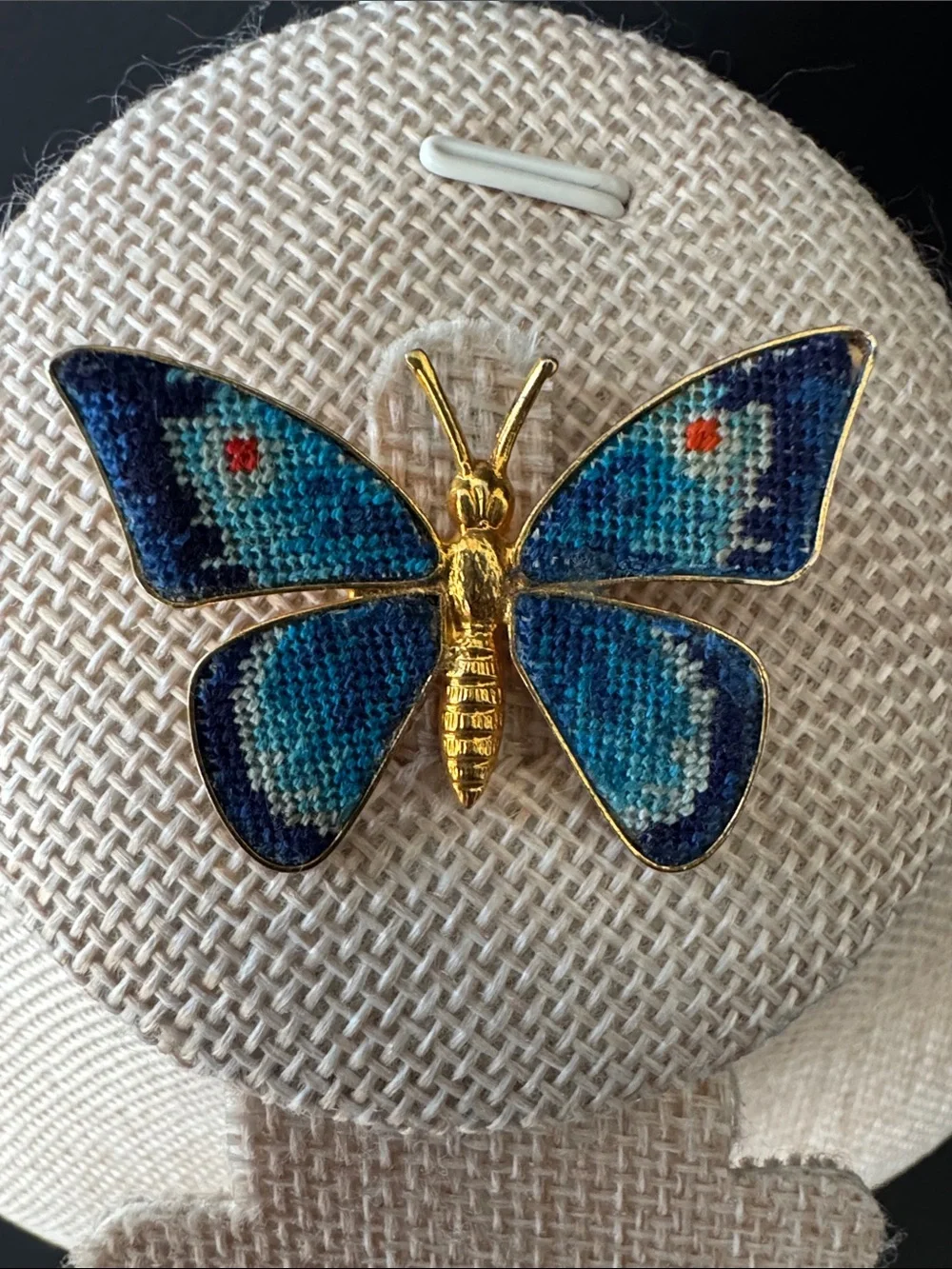 VTG Petit Point Blue Butterfly Brooch Pin - Unsigned Mid-Century Art